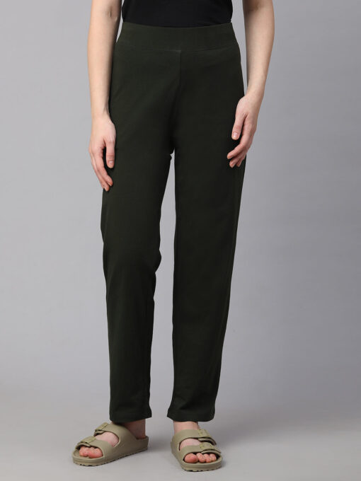 Women's Green Cotton Elastane Regular Fit Knit Pant - Image 2