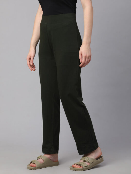 Women's Green Cotton Elastane Regular Fit Knit Pant - Image 3