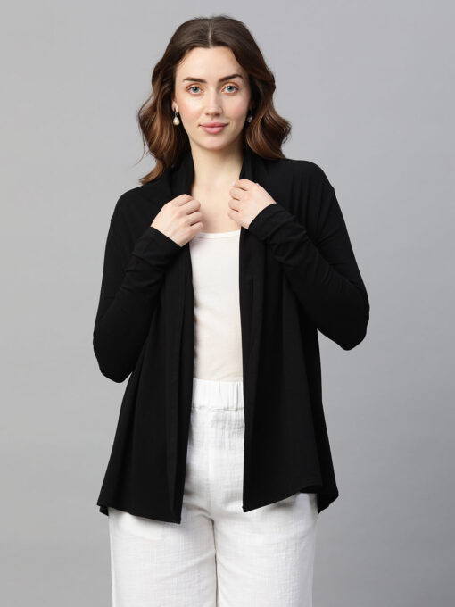 Women's Black Cotton Bamboo Elastane Regular Fit Shrug - Image 2