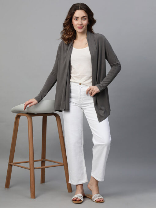 Women's Grey Cotton Bamboo Elastane Regular Fit Shrug - Image 2