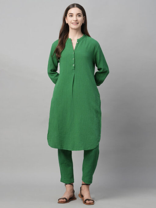 Women's Green Cotton Regular Fit Kurta - Image 2