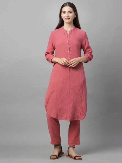 Women's Pink Cotton Regular Fit Kurta - Image 2