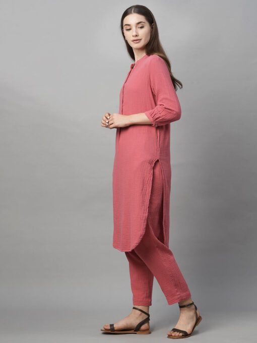 Women's Pink Cotton Regular Fit Kurta - Image 3