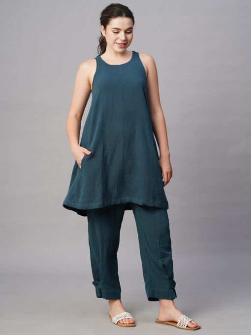 Women's Blue Cotton Regular Fit Kurta - Image 4