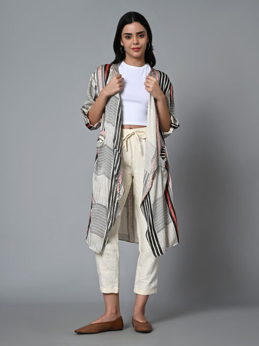 Women's Hand Block Printed Regular Fit Modal Offwhite Overlay - Image 2