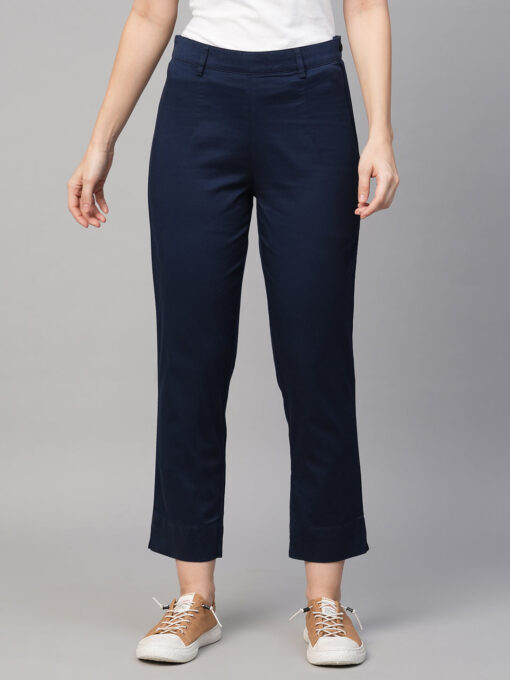 Women's Navy Cotton Elastane Regular Fit Pant - Image 2