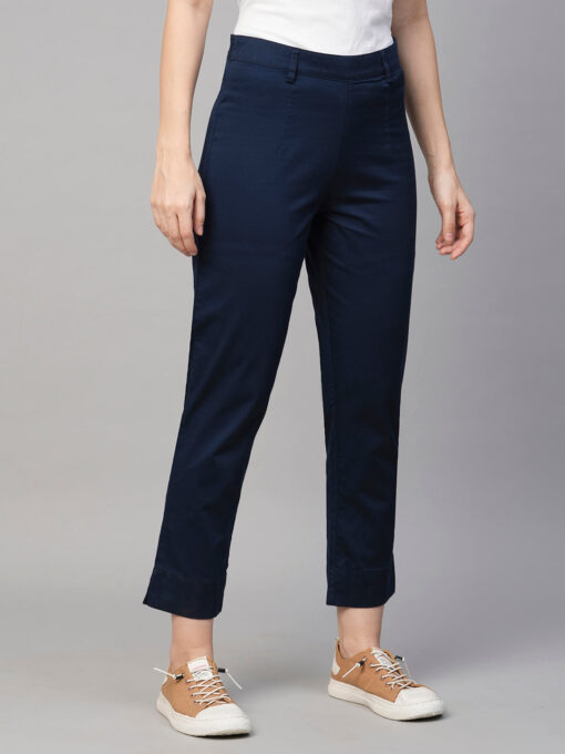 Women's Navy Cotton Elastane Regular Fit Pant - Image 4