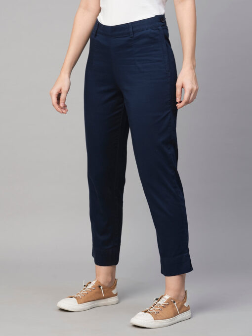 Women's Navy Cotton Elastane Regular Fit Pant - Image 3