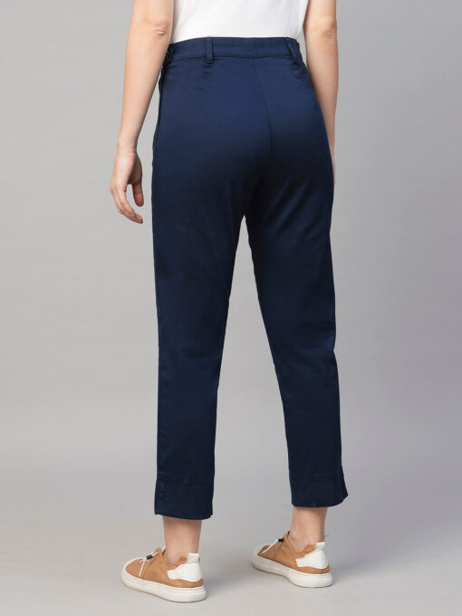 Women's Navy Cotton Elastane Regular Fit Pant - Image 5