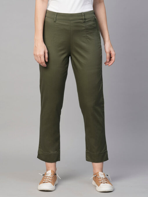 Women's Olive Cotton Elastane Regular Fit Pant - Image 2