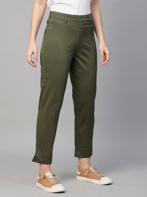 Women's Olive Cotton Elastane Regular Fit Pant - Image 4