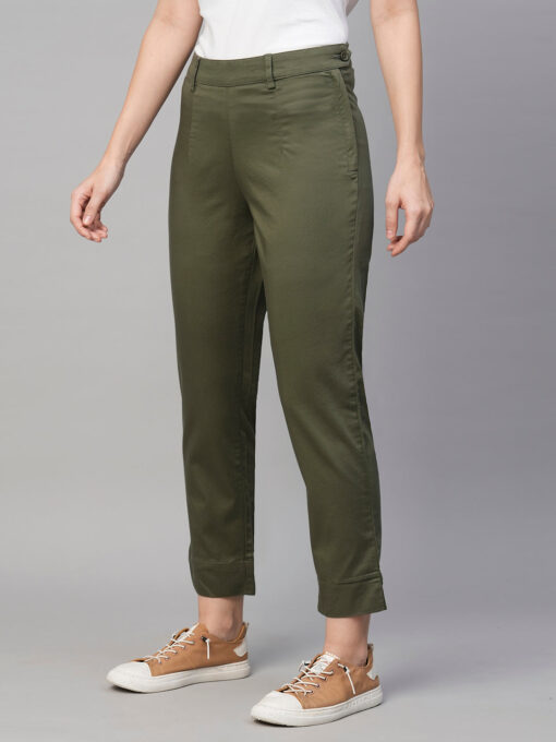 Women's Olive Cotton Elastane Regular Fit Pant - Image 3