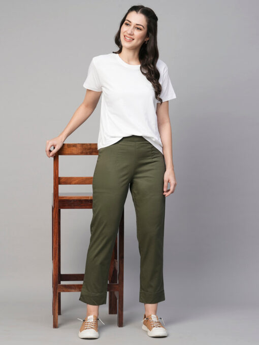 Women's Olive Cotton Elastane Regular Fit Pant