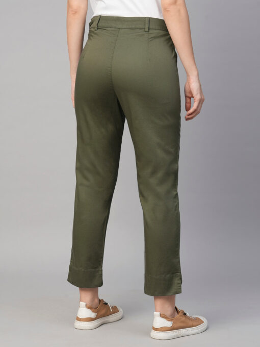 Women's Olive Cotton Elastane Regular Fit Pant - Image 5