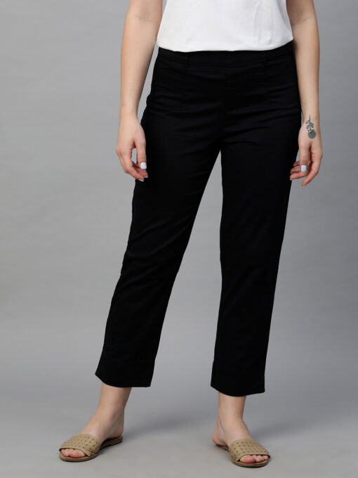 Women's Black Cotton Elastane Regular Fit Pant - Image 2