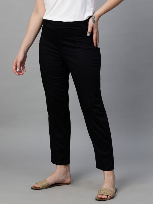 Women's Black Cotton Elastane Regular Fit Pant - Image 3