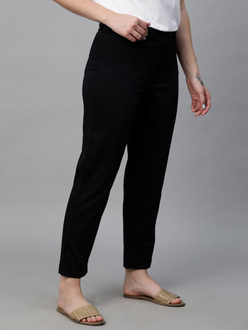 Women's Black Cotton Elastane Regular Fit Pant - Image 4