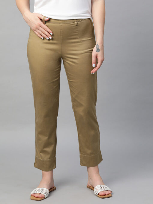 Women's Khaki Cotton Elastane Regular Fit Pant - Image 2