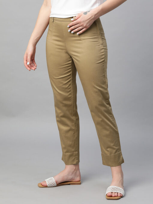 Women's Khaki Cotton Elastane Regular Fit Pant - Image 3