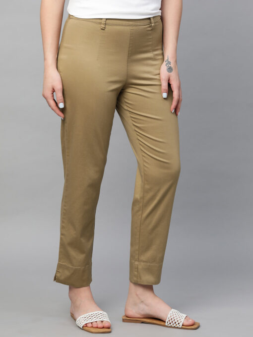 Women's Khaki Cotton Elastane Regular Fit Pant - Image 4