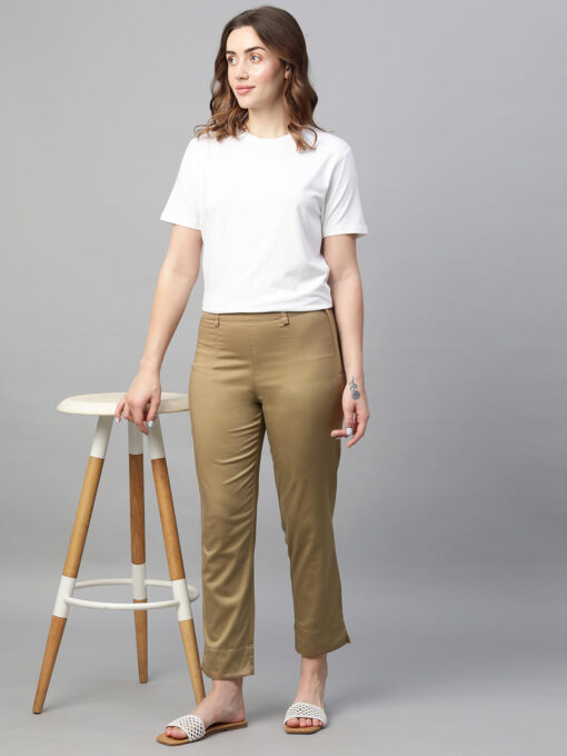 Women's Khaki Cotton Elastane Regular Fit Pant