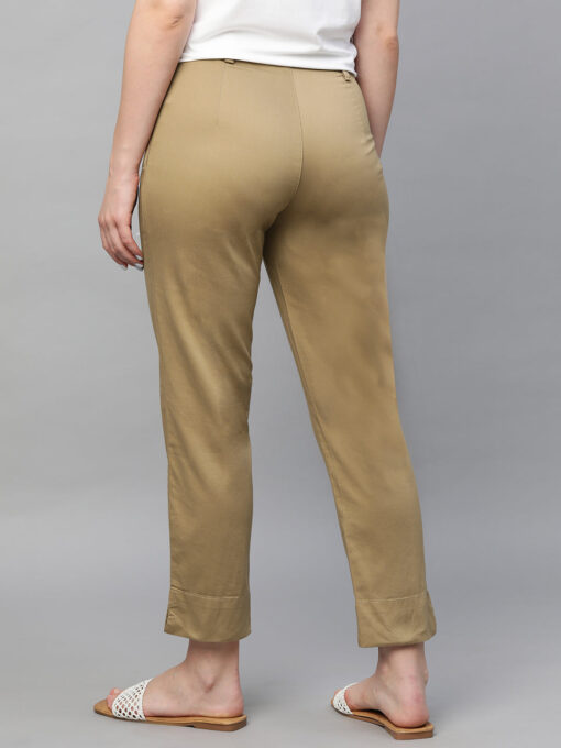 Women's Khaki Cotton Elastane Regular Fit Pant - Image 5