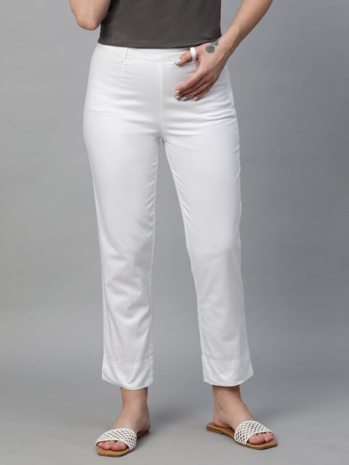 Women's White Cotton Elastane Regular Fit Pant - Image 2