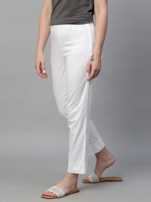 Women's White Cotton Elastane Regular Fit Pant - Image 3