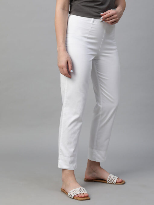 Women's White Cotton Elastane Regular Fit Pant - Image 4