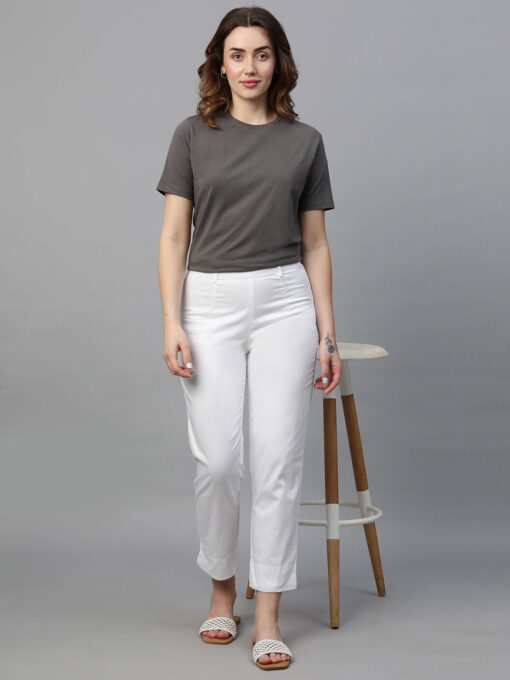 Women's White Cotton Elastane Regular Fit Pant