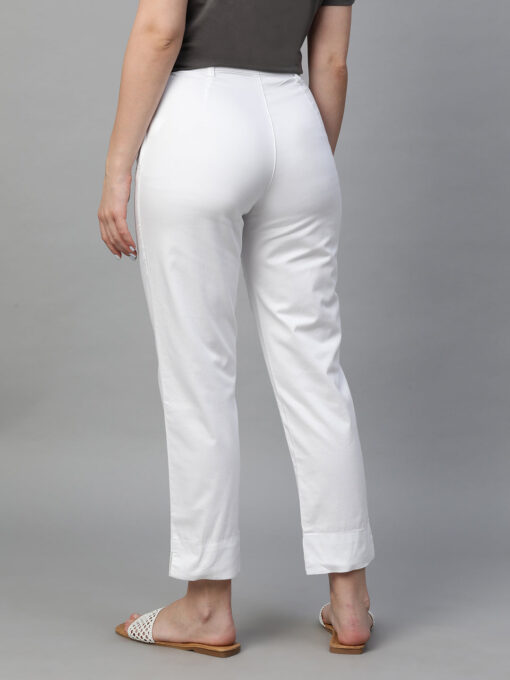 Women's White Cotton Elastane Regular Fit Pant - Image 5