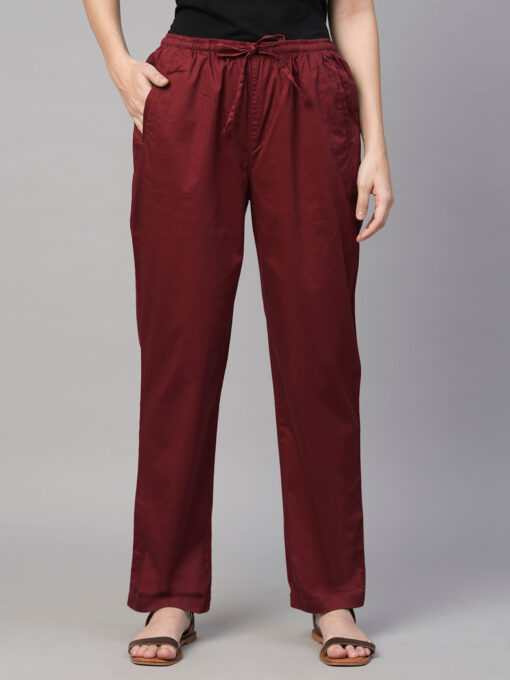 Women's Maroon/Red Cotton Elastane Regular Fit Pant - Image 2