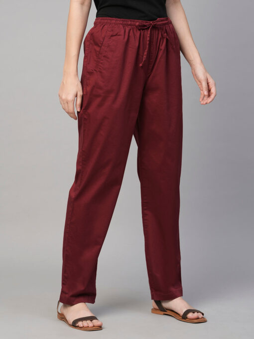 Women's Maroon/Red Cotton Elastane Regular Fit Pant - Image 4