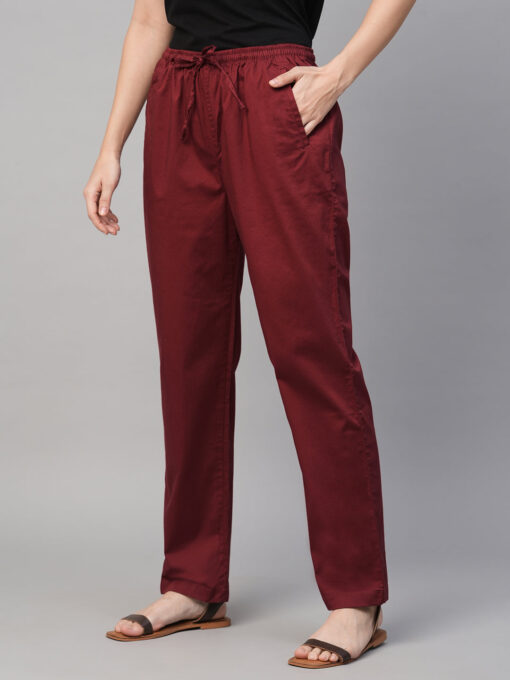 Women's Maroon/Red Cotton Elastane Regular Fit Pant - Image 3