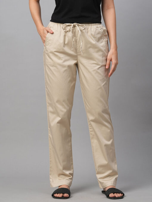 Women's Beige Cotton Lycra Regular Fit Pant - Image 2