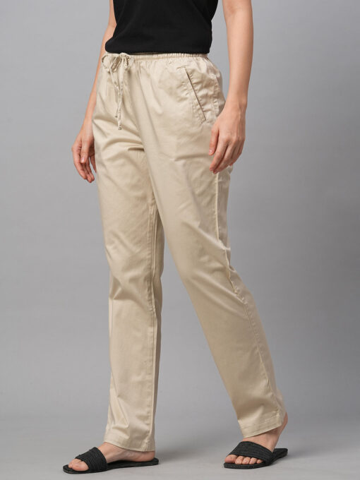 Women's Beige Cotton Lycra Regular Fit Pant - Image 3