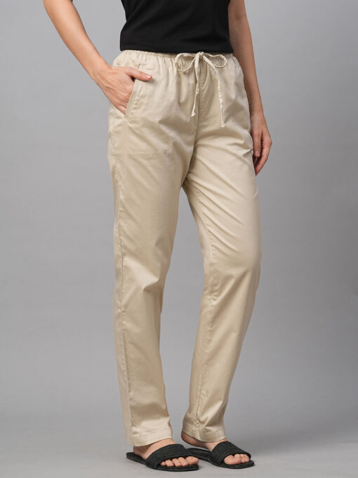 Women's Beige Cotton Lycra Regular Fit Pant - Image 4