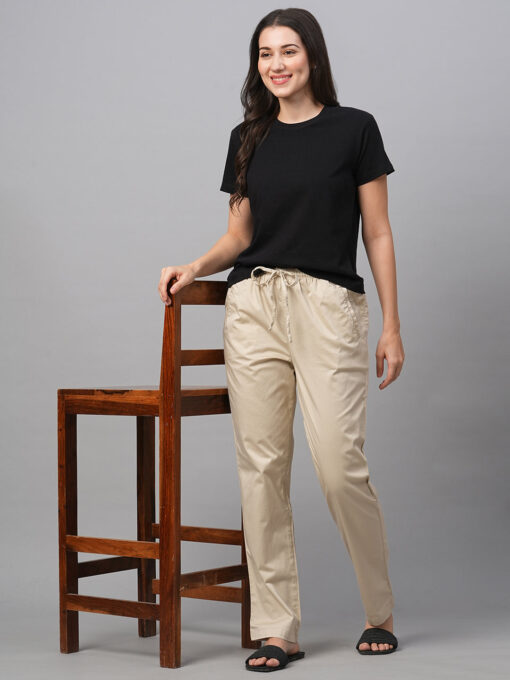 Women's Beige Cotton Lycra Regular Fit Pant