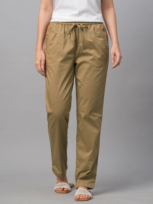 Women's Khaki Cotton Lycra Regular Fit Pant - Image 2