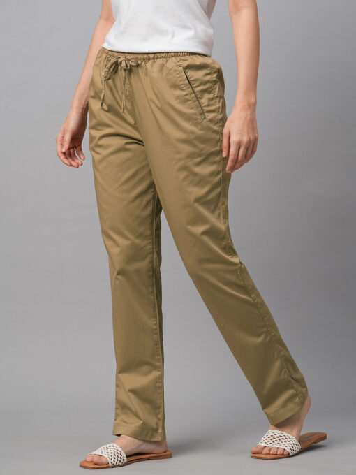 Women's Khaki Cotton Lycra Regular Fit Pant - Image 3