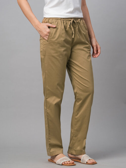 Women's Khaki Cotton Lycra Regular Fit Pant - Image 4