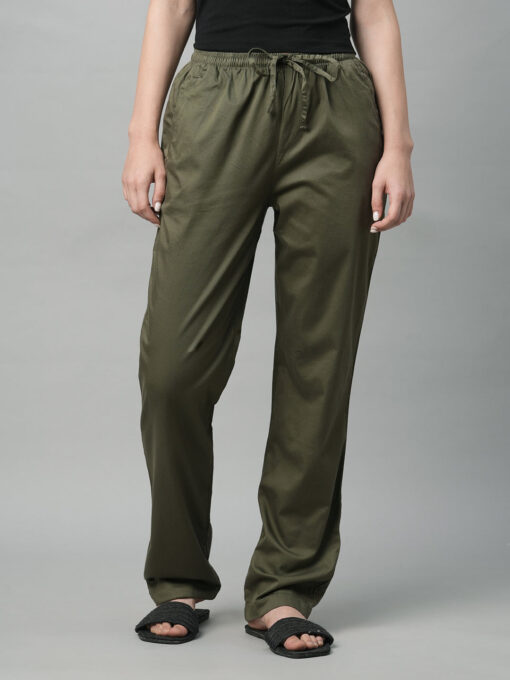 Women's Olive Cotton Elastane Regular Fit Pant - Image 2