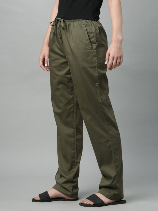 Women's Olive Cotton Elastane Regular Fit Pant - Image 3