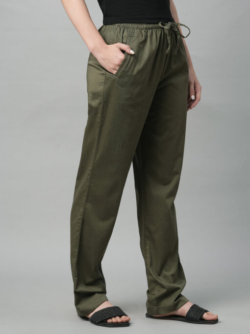 Women's Olive Cotton Elastane Regular Fit Pant - Image 4