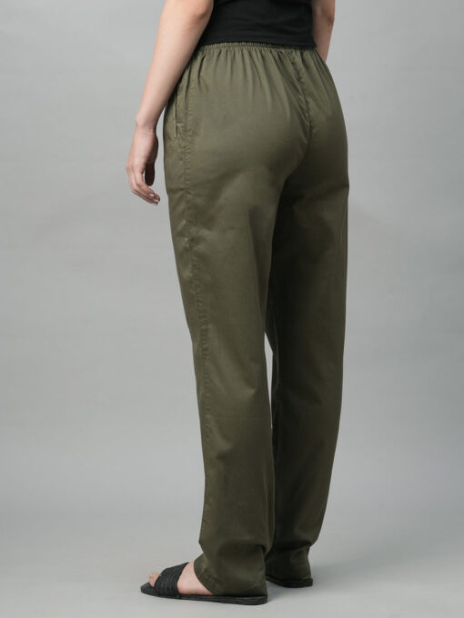 Women's Olive Cotton Elastane Regular Fit Pant - Image 5