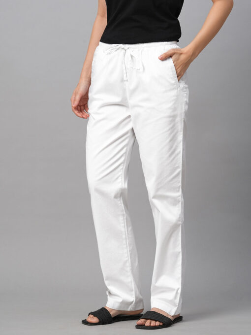 Women's White Cotton Lycra Regular Fit Pant - Image 3