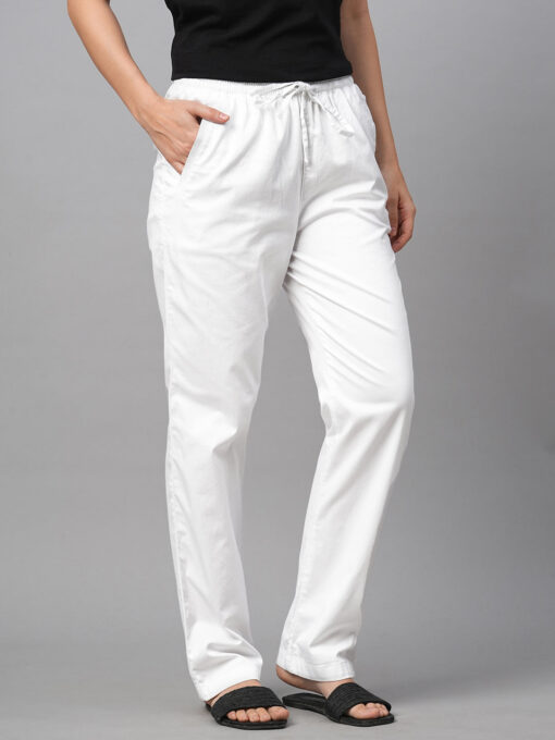 Women's White Cotton Lycra Regular Fit Pant - Image 4