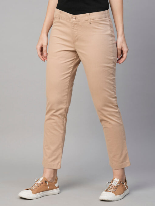 Women's Beige Cotton Lycra Regular Fit Pant - Image 2