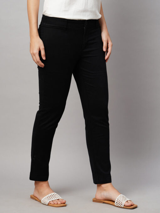 Women's Black Cotton Lycra Regular Fit Pant - Image 3