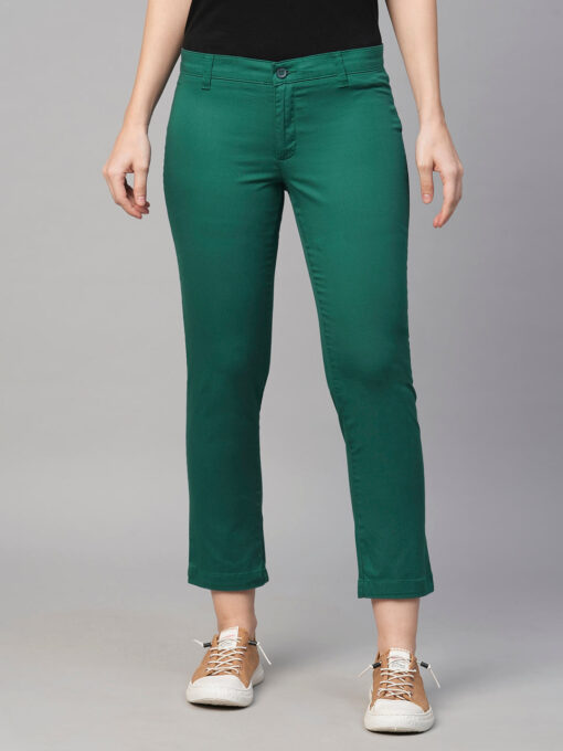 Women's Green Cotton Lycra Regular Fit Pant - Image 2